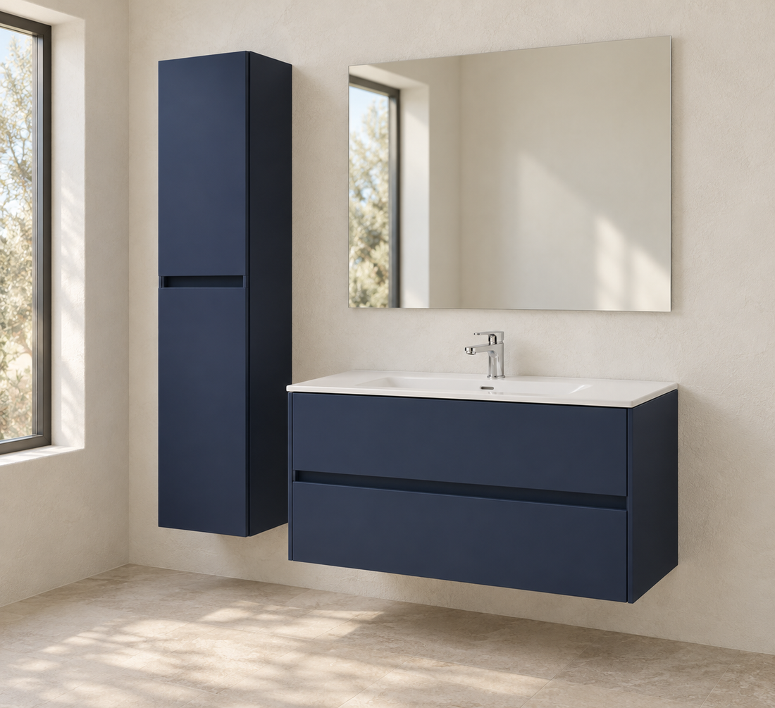 Mobile bagno NOJA 90 con colonna – Blue Satin — render ambientato